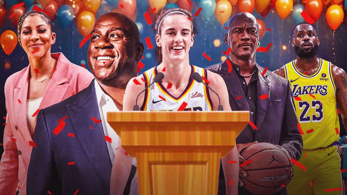 Caitlin Clark with Magic Johnson, Lebron James, Candace Parker, Michael Jordan