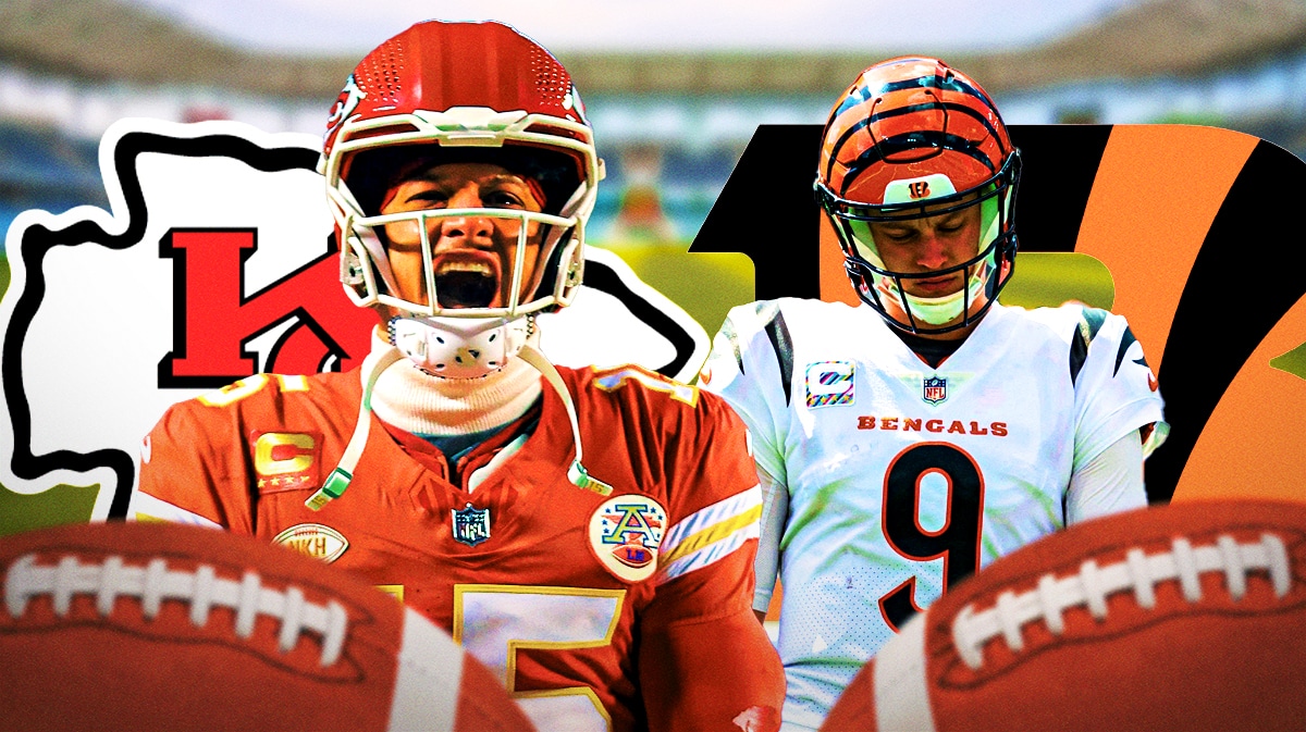 Kansas City Chiefs QB Patrick Mahomes next to Cincinnati Bengals QB Joe Burrow. There is a logo for Kansas City Chiefs behind Mahomes and logo for Cincinnati Bengals behind Burrow.