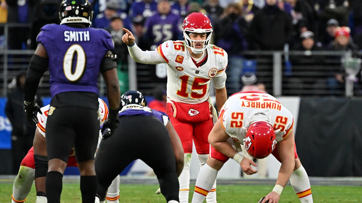 Kansas City Chiefs quarterback Patrick Mahomes (15) signals before a snap against the Baltimore Ravens during the second half in the AFC Championship football game at M&T Bank Stadium.