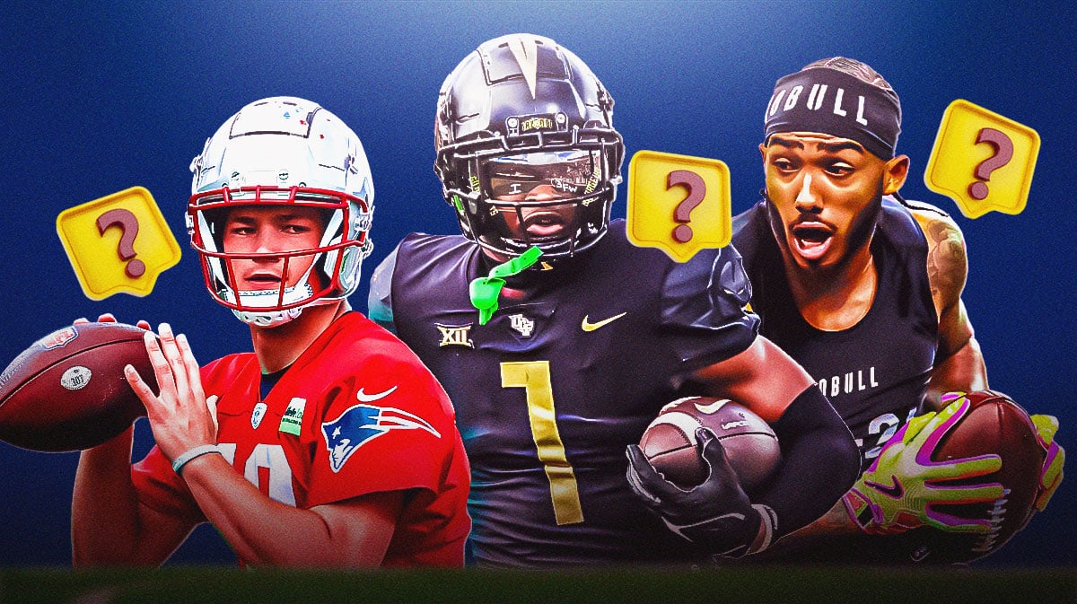 Patriots' Drake Maye, Patriots' Javon Baker, and Patriots' Ja'Lynn Polk in image. Place question marks all over image.