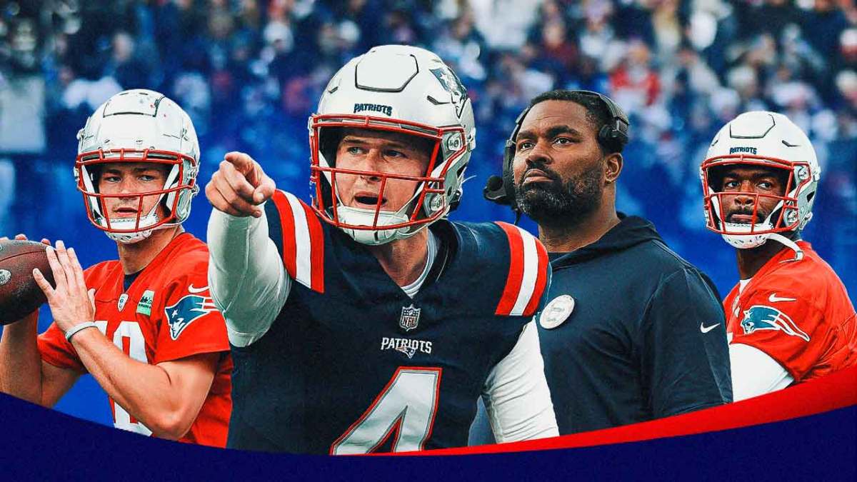 Bailey Zappe with quote bubble saying "having fun" next to Jerod Mayo, Jacoby Brissett and Drake Maye