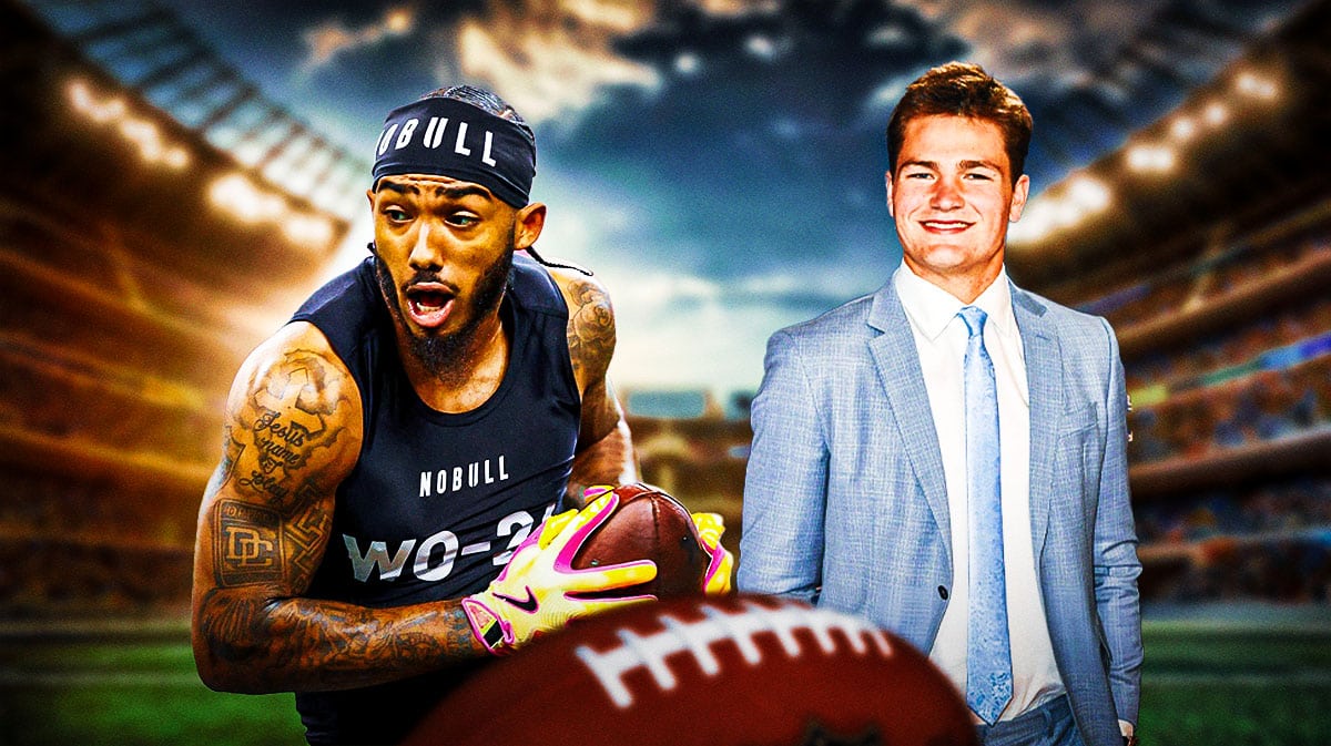 New England Patriots QB Drake Maye with wide receiver Ja’Lynn Polk next to a logo for the New England Patriots.