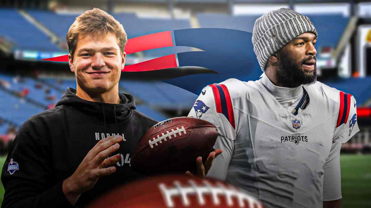 Patriots Drake Maye on the left, Patriots logo in the middle, Patriots Jacoby Brissett on the right. Background is Foxboro Stadium
