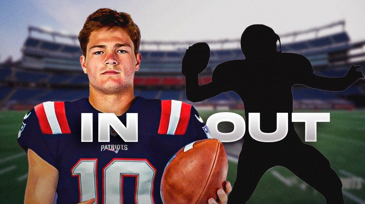 Drake Maye in a Patriots uniform with "IN" stamped over him and a silhouette of a quarterback with "OUT" stamped over him.