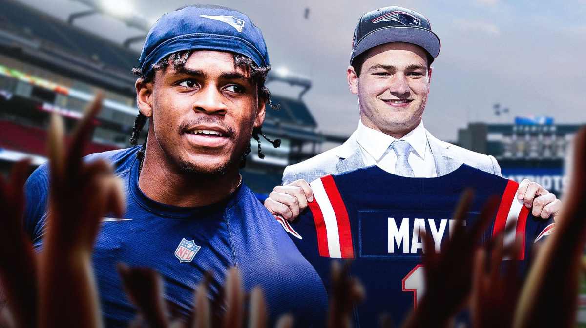 DeMario Douglas next to Drake Maye in a Patriots uniform