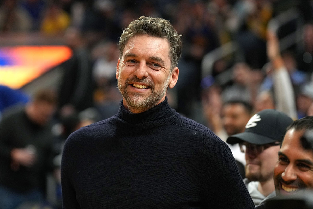 Los Angeles Lakers former player Pau Gasol stands courtside before the game against the Golden State Warriors at Chase Center.