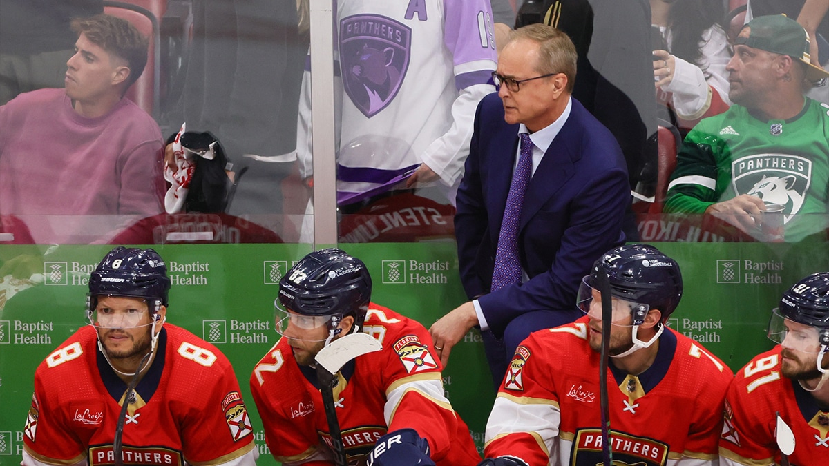Florida Panthers head coach Paul Maurice looks on against the Boston Bruins during the third period in game five of the second round of the 2024 Stanley Cup Playoffs at Amerant Bank Arena.
