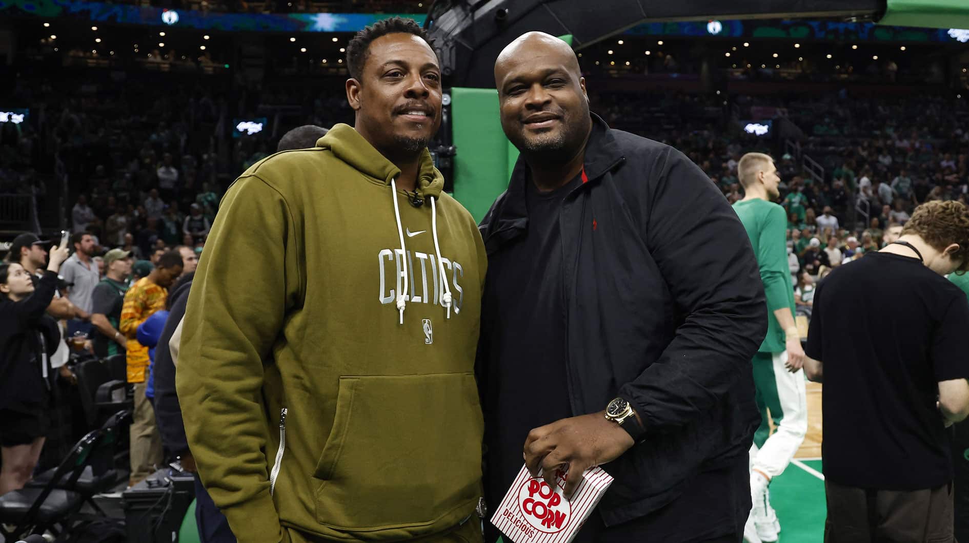 Former Boston Celtics great Paul Pierce (left) and Antoine Walker before the game between the Boston Celtics and the Miami Heat at TD Garden