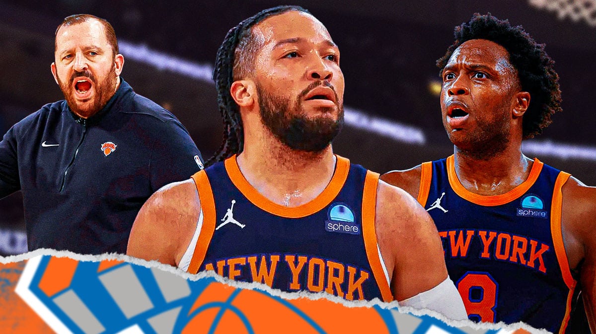 Tom Thibodeau, Jalen Brunson and OG Anunoby with Madison Square Garden in background