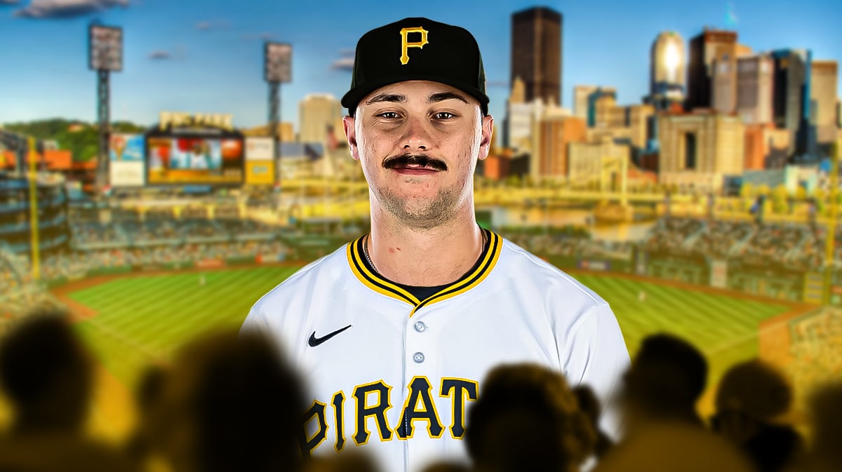 Pirates pitcher Paul Skenes with PNC Park in the bakground.