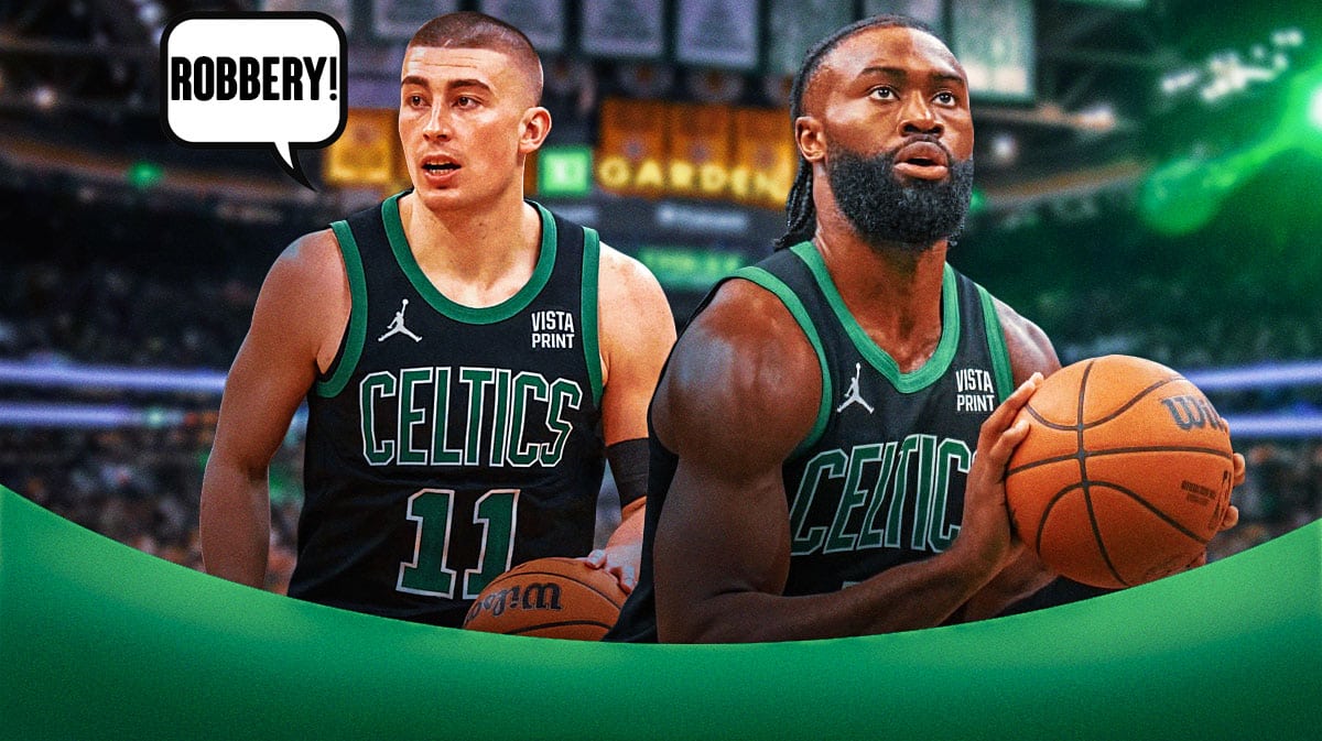 Payton Pritchard and Jaylen Brown. Speech bubble with "robbery" above Pritchard.