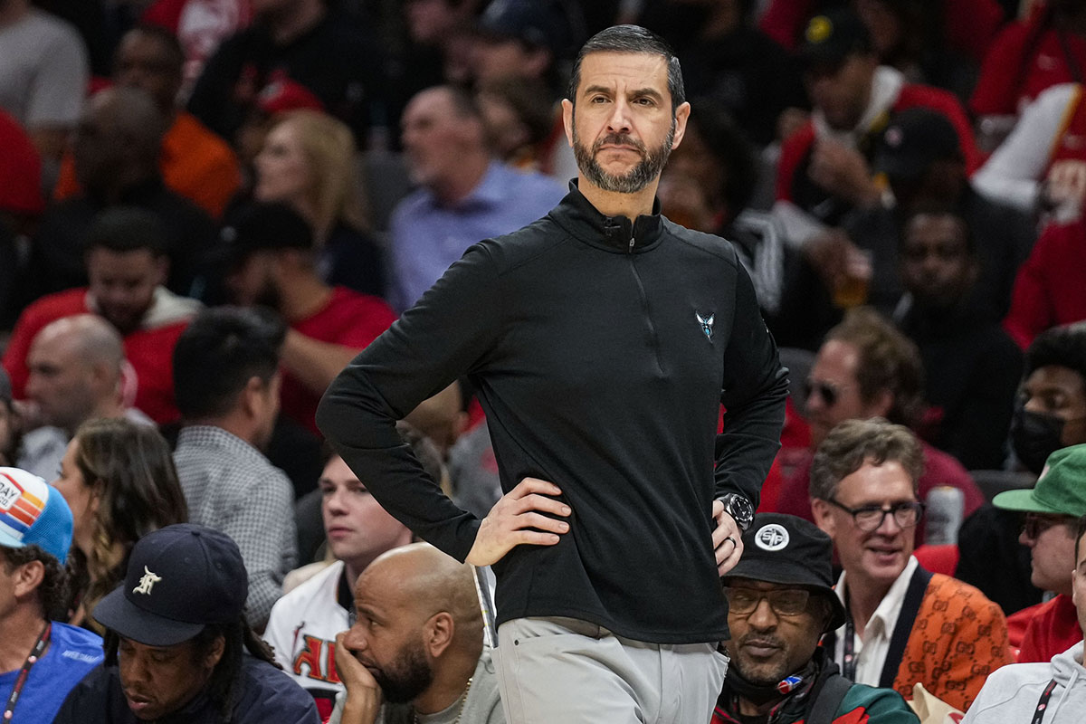  Charlotte Hornets head coach James Borrego on the bench during the game against the Atlanta Hawks during the first half at State Farm Arena.