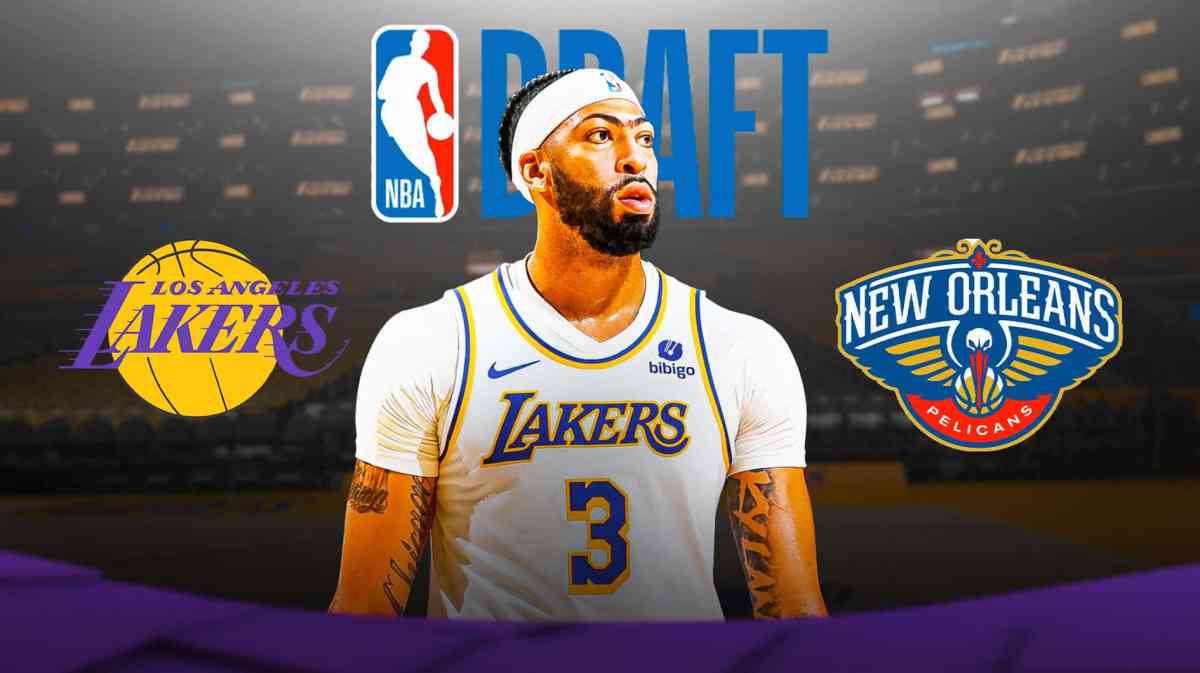 Lakers' Anthony Davis stands next to Pelicans, NBA Draft logos