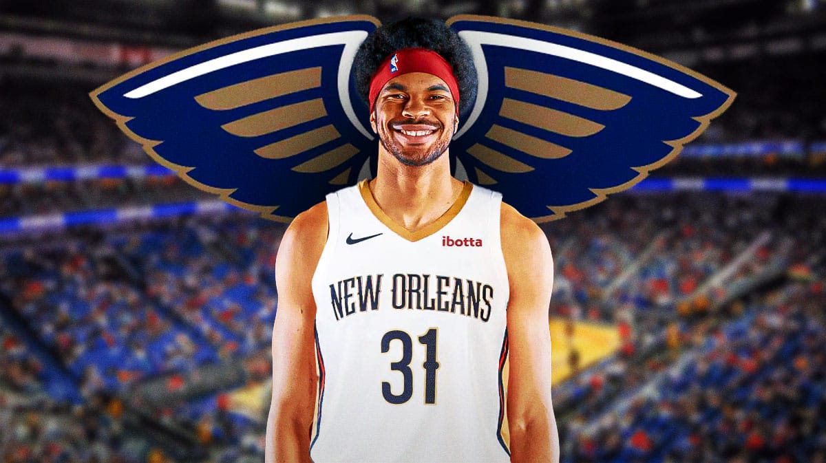 Jarrett Allen wearing a Pelicans jersey
