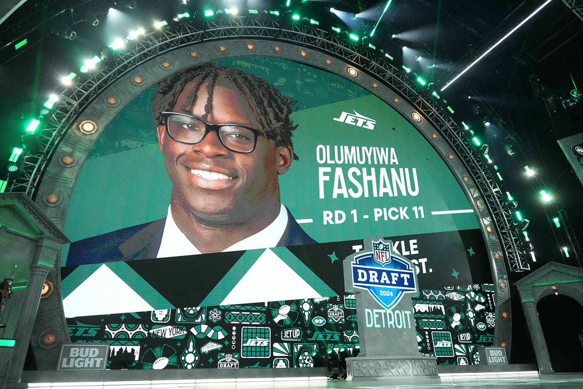 Penn State Nittany Lions tackle Olumuyiwa Fashanu is selected as the No. 11 pick of the first round by the New York Jets during the 2024 NFL Draft