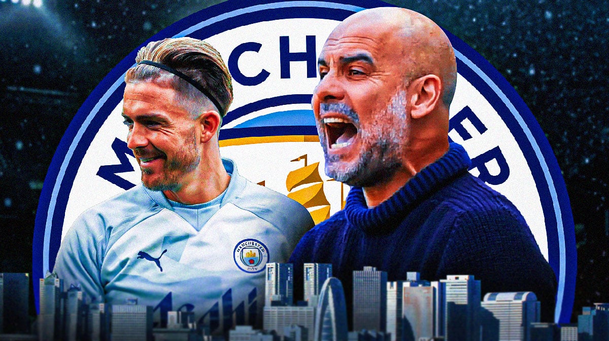 Pep Guardiola angry next to Jack Grealish, the Manchester City logo behind them