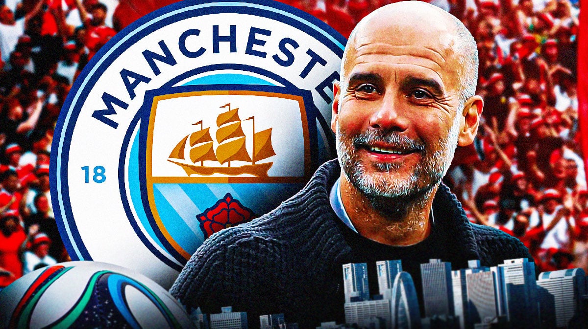 Pep Guardiola laughing in front of the Manchester City logo and fans