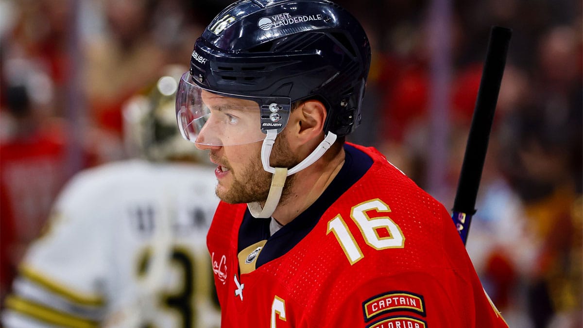 Florida Panthers center Aleksander Barkov (16) looks on after scoring against the Boston Bruins during the third period in game two of the second round of the 2024 Stanley Cup Playoffs at Amerant Bank Arena.