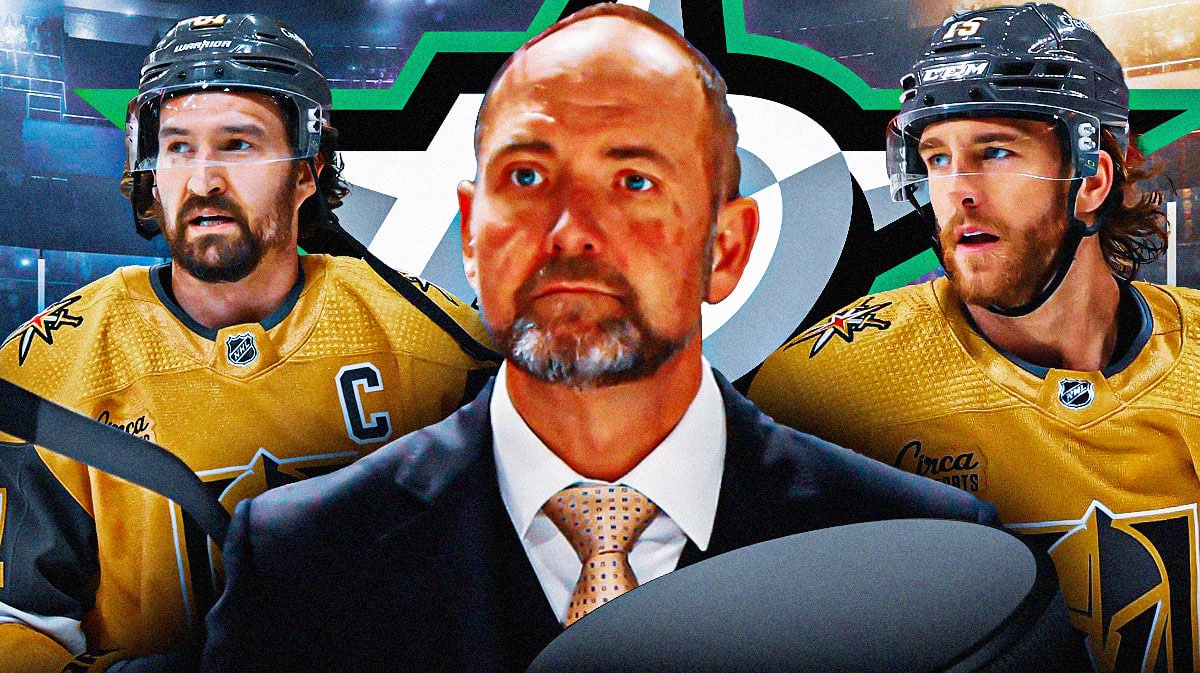 Pete DeBoer in middle looking hopeful, Noah Hanifin and Mark Stone on either side, DAL Stars logo, hockey rink in background