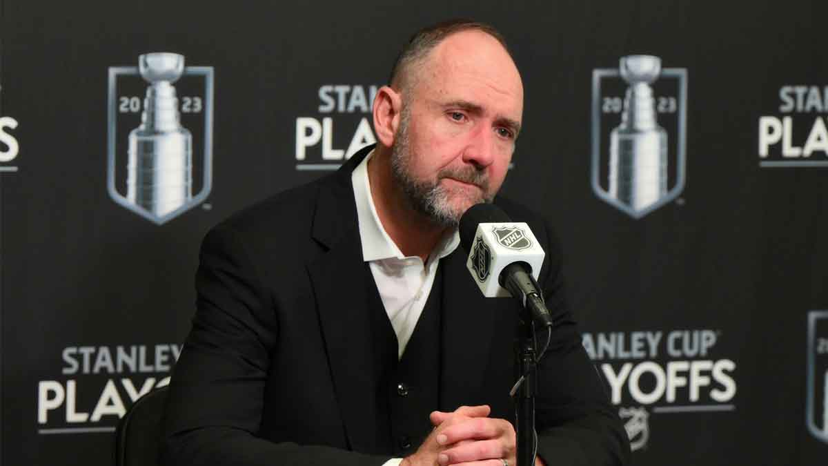 Dallas Stars head coach Pete DeBoer speaks to the media after the game against the Seattle Kraken in game four of the second round of the 2023 Stanley Cup Playoffs at Climate Pledge Arena.