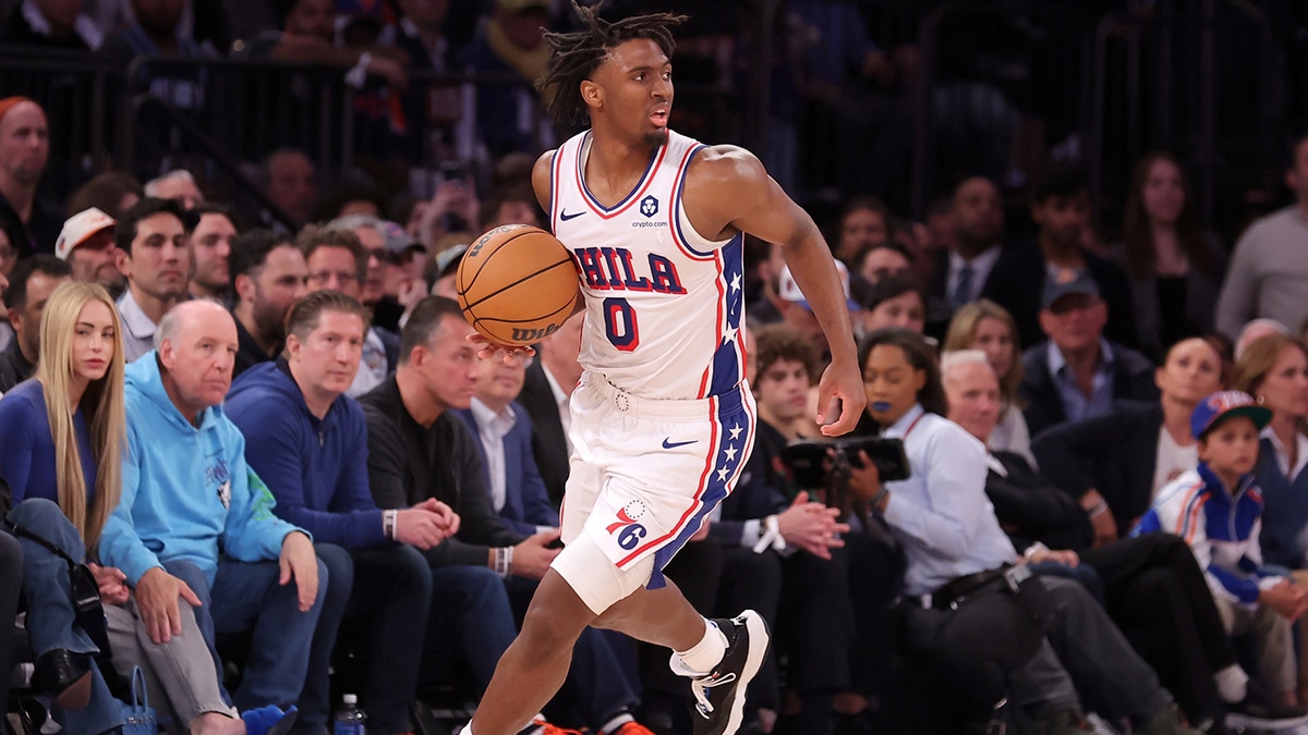 Apr 30, 2024; New York, New York, USA; Philadelphia 76ers guard Tyrese Maxey (0) controls the ball against the New York Knicks during the fourth quarter of game 5 of the first round of the 2024 NBA playoffs at Madison Square Garden. Mandatory Credit: Brad Penner-USA TODAY Sports