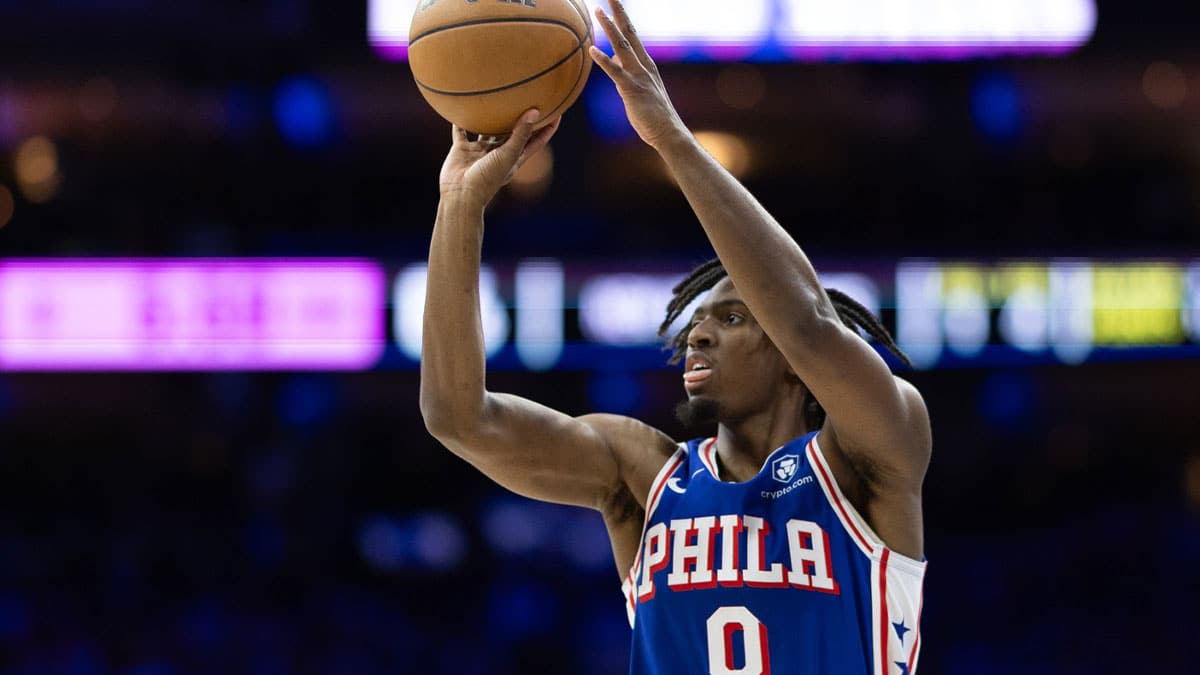May 2, 2024; Philadelphia, Pennsylvania, USA; Philadelphia 76ers guard Tyrese Maxey (0) shoots the ball against the New York Knicks during the second half of game six of the first round for the 2024 NBA playoffs at Wells Fargo Center. Mandatory Credit: Bill Streicher-USA TODAY Sports