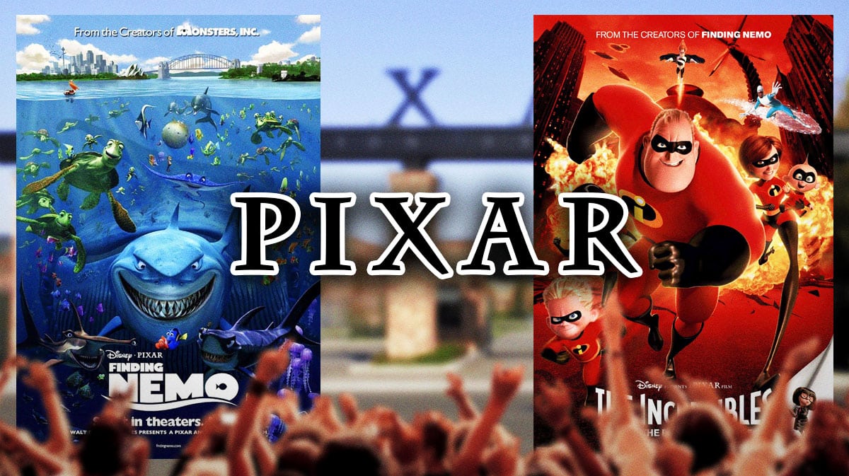 Pixar logo with Finding Nemo and The Incredibles posters.