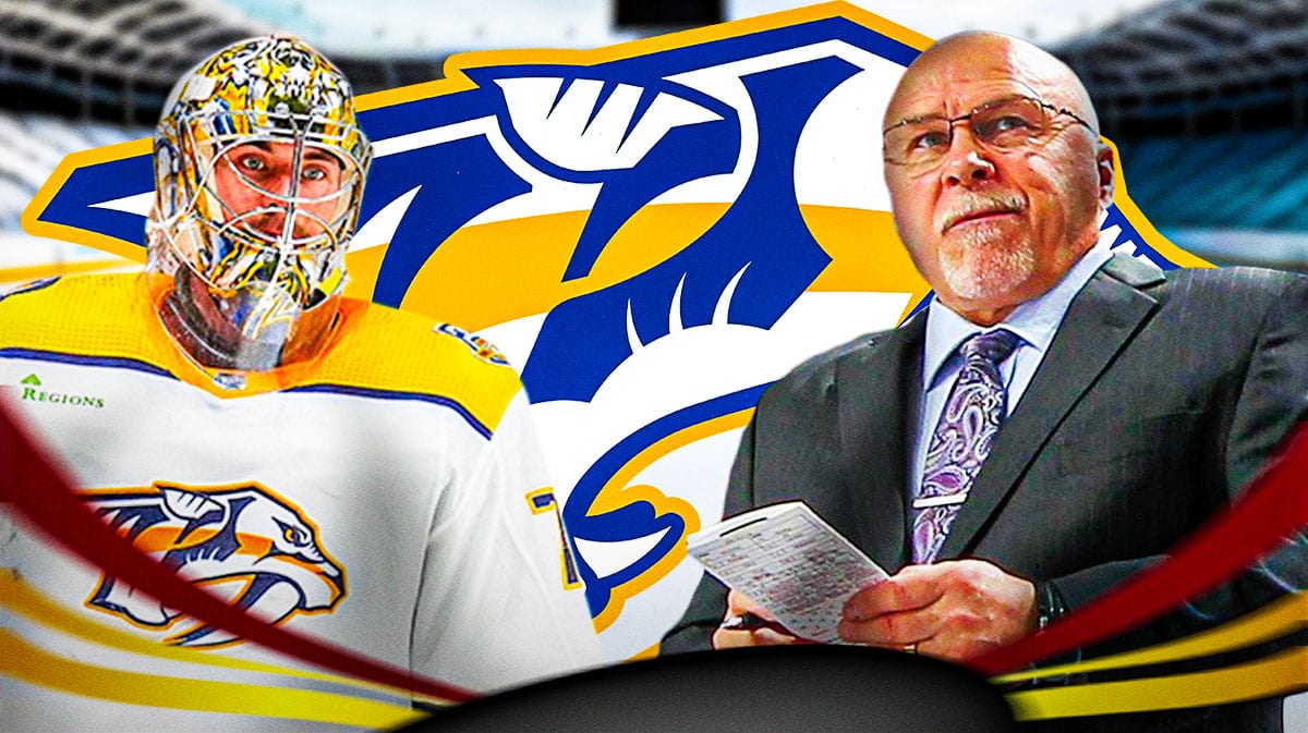 Juuse Saros in middle of image looking stern, Barry Trotz in image, Nashville Predators logo, hockey rink in background