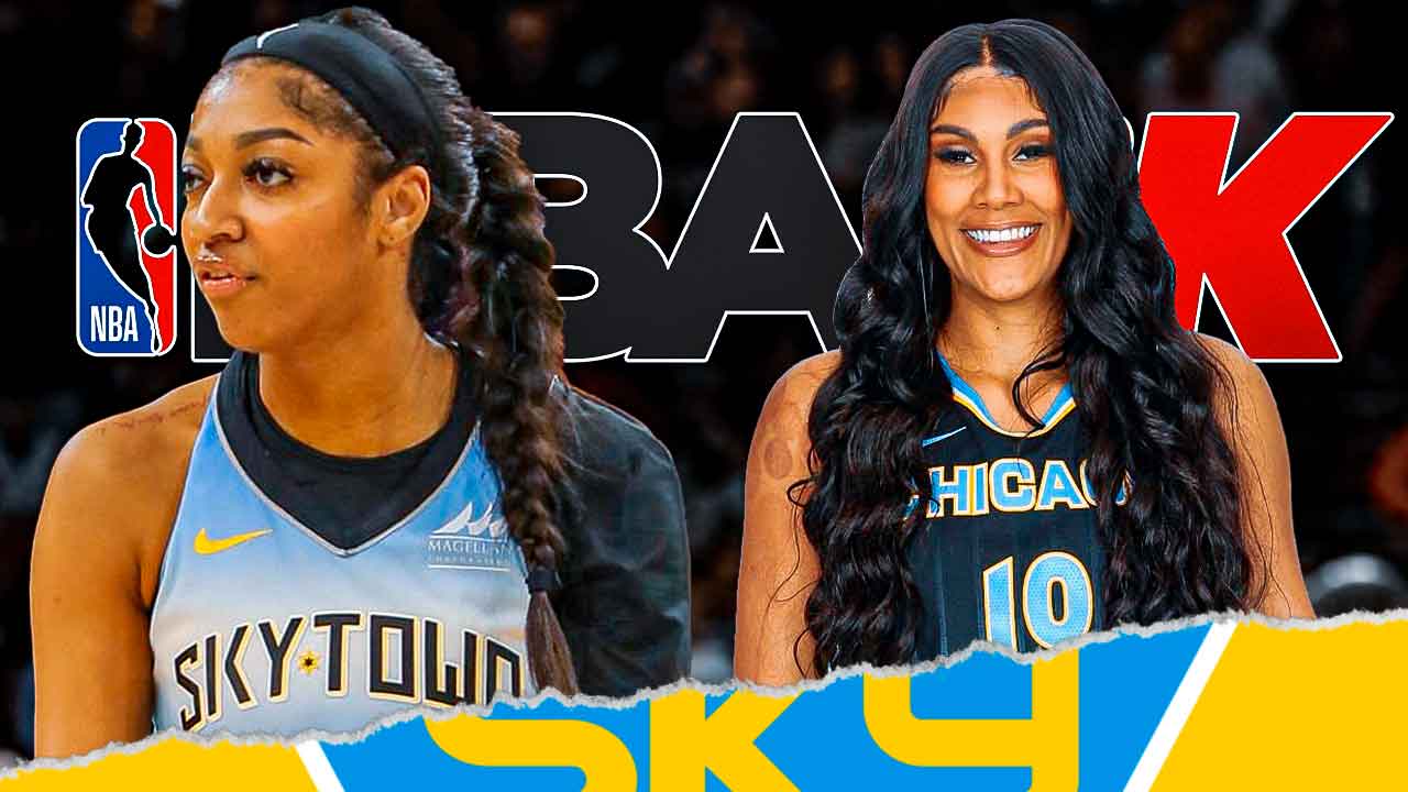 Chicago Sky rookies Angel Reese and Kamilla Cardoso stand in front of NBA 2K25 logo