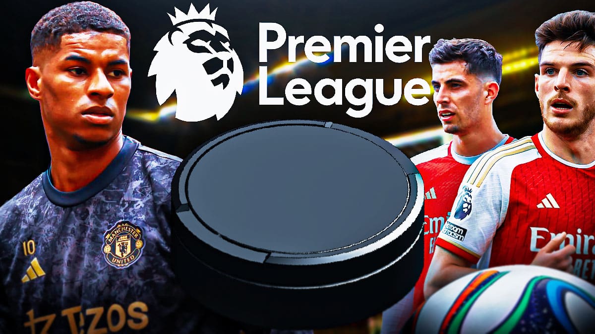 A snus box in front of the Premier League logo, Marcus rashford, Declan Rice, Kai Havertz on the sides