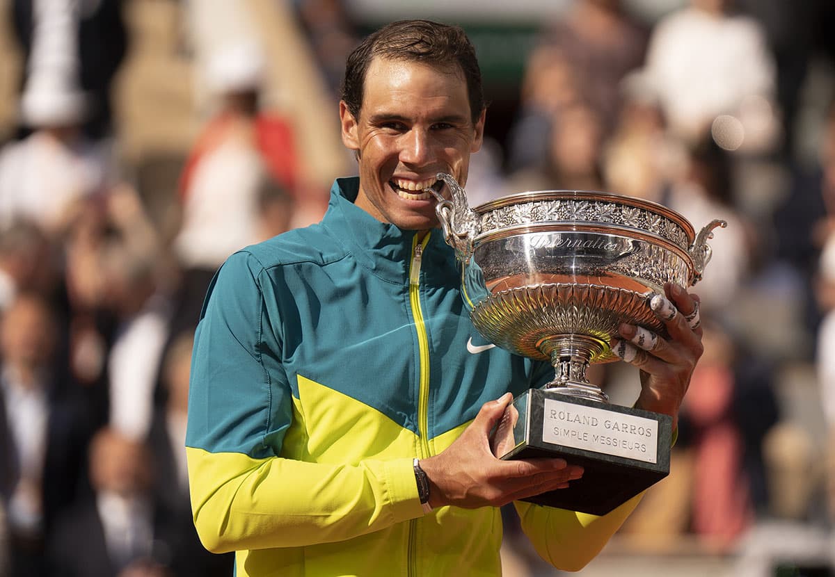 Rafael Nadal with La Coupe des Mousquetaires after winning the French Open