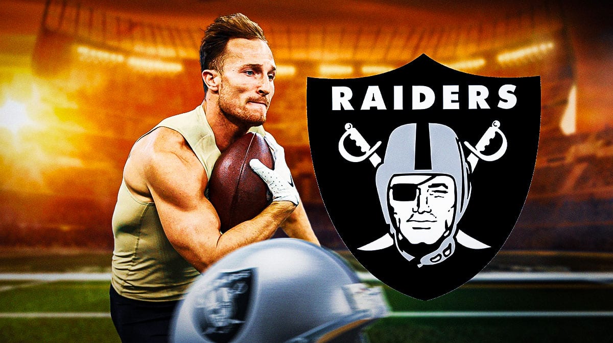 Dylan Laube in action next to a Raiders logo.