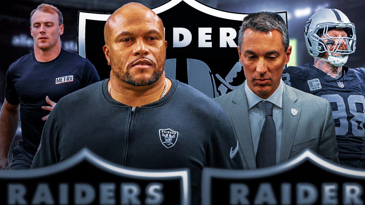 Las Vegas Raiders head coach Antonio Pierce and general manager Tom Telesco with defensive end Maxx Crosby and tight end Brock Bowers. There is also a logo for the Las Vegas Raiders.