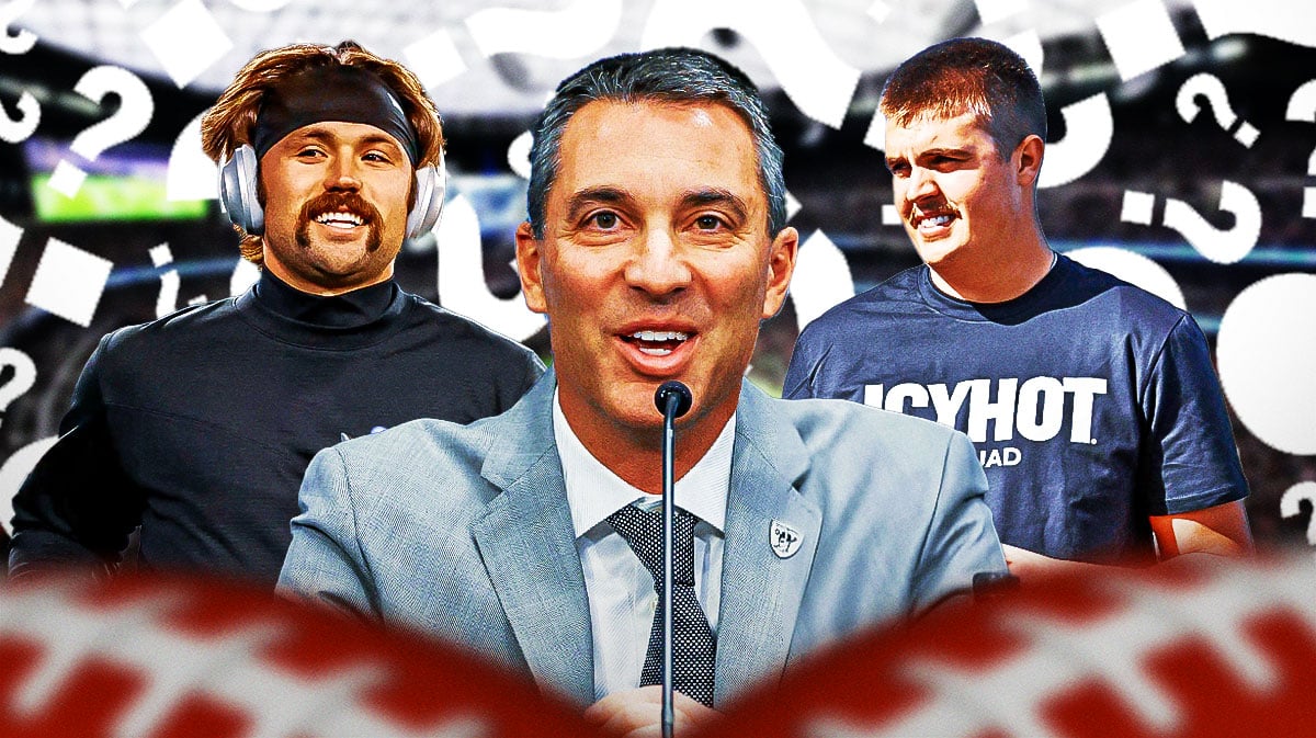 Las Vegas Raiders general manager Tom Telesco with QBs Gardner Minshew and Aidan O’Connell. They are surrounded by question marks.