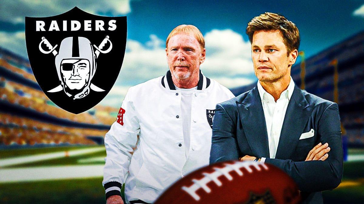 Former NFL QB Tom Brady with Las Vegas Raiders owner Mark Davis. There is also a logo for the Las Vegas Raiders.