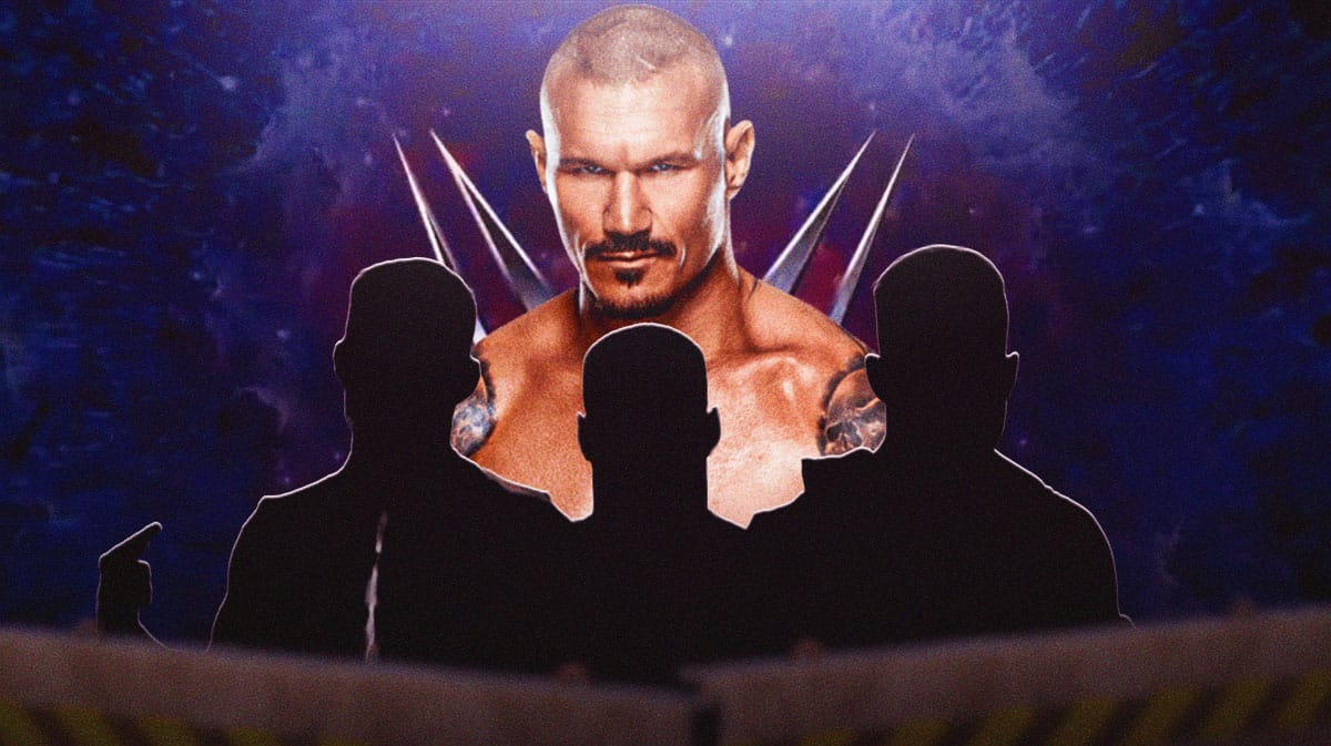 Randy Orton is surrounded by the blacked-out silhouettes of Grayson Waller, Austin Theory, and Bron Breakker with the WWE logo as the background.