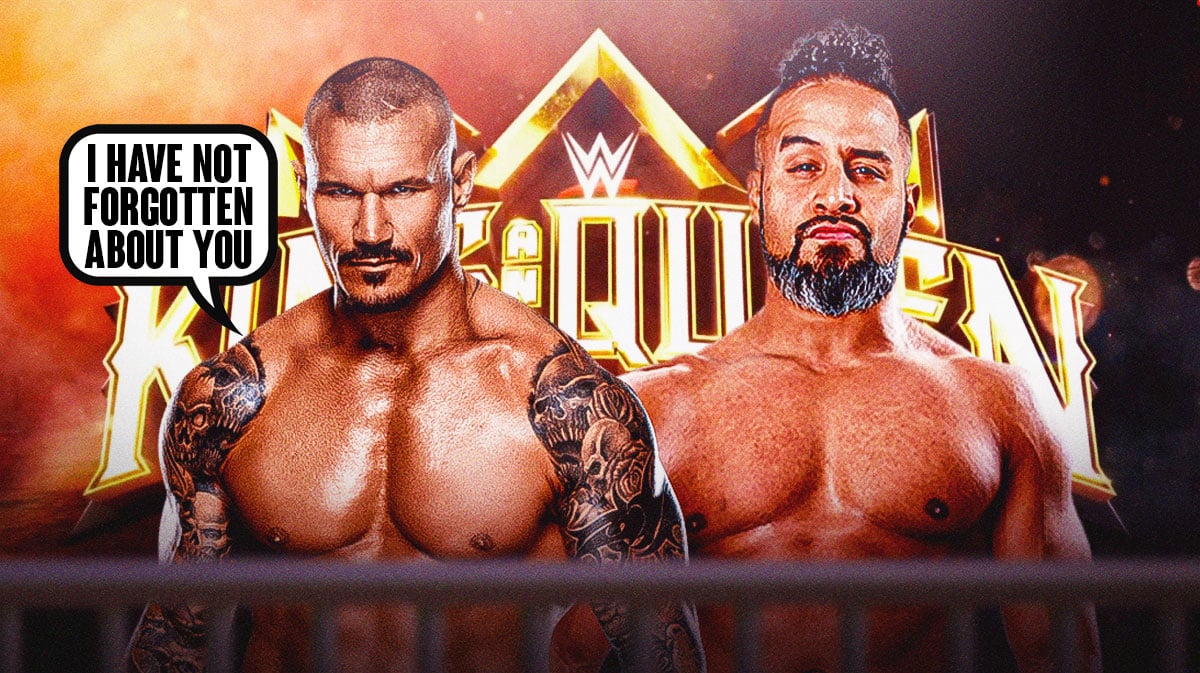 Randy Orton with a text bubble reading "I have not forgotten about you" next to Tama Tonga with the King of the Ring logo as the background.