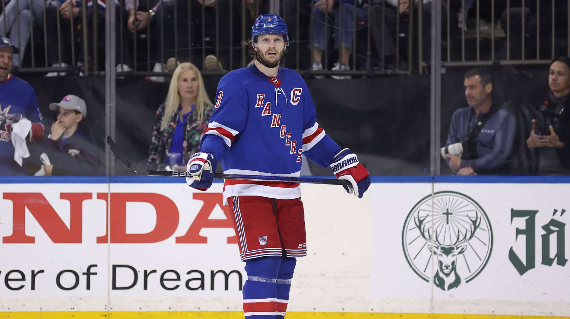 New York Rangers defenseman Jacob Trouba (8) reacts during the third period of game five of the second round of the 2024 Stanley Cup Playoffs against the Carolina Hurricanes at Madison Square Garden.