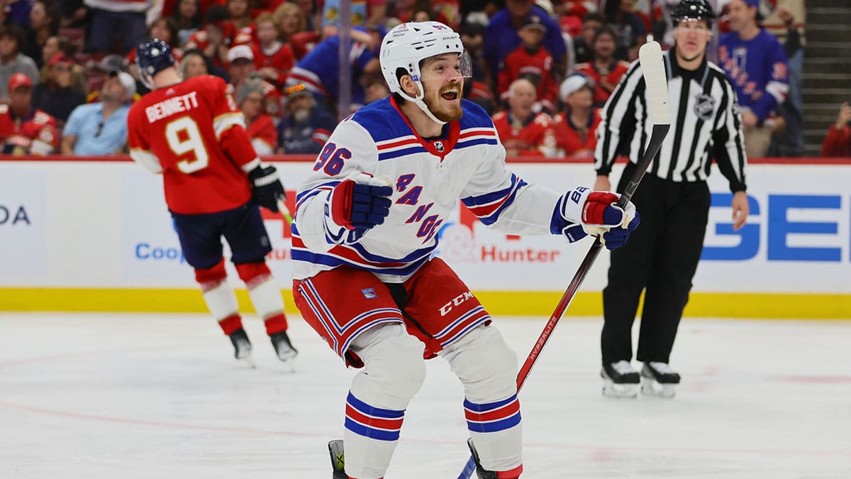 New York Rangers center Jack Roslovic (96) celebrates after a game-winning goal by center Alex Wennberg (not pictured) during overtime in game three of the Eastern Conference Final of the 2024 Stanley Cup Playoffs at Amerant Bank Arena.