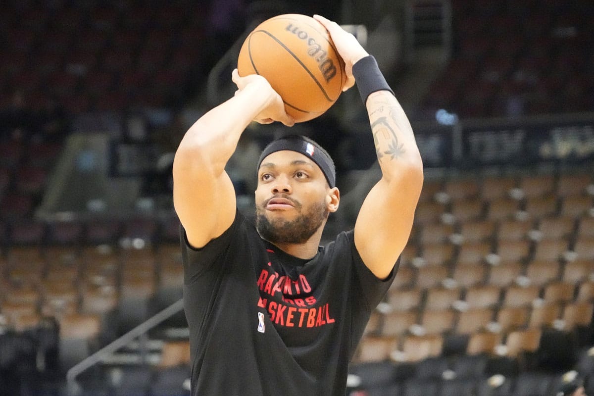 Toronto Raptors guard Bruce Brown (11) goes to shoot a basket during warm up before a game against the Washington Wizards at Scotiabank Arena.