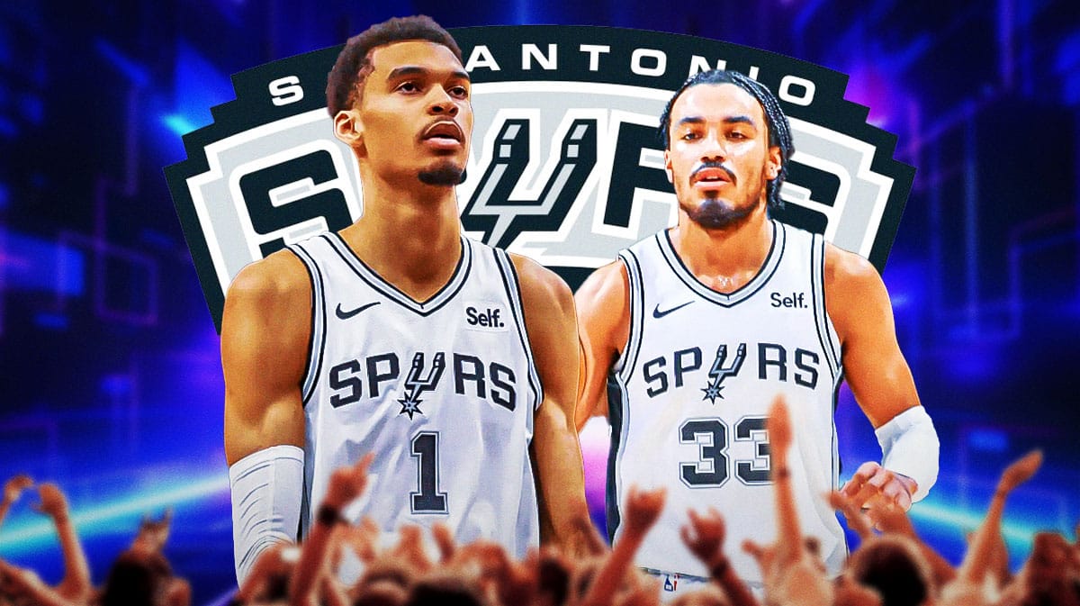 San Antonio Spurs logo, Tre Jones image, Victor Wembanayama image, a gaming image