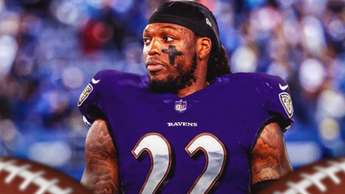 Baltimore Ravens star Derrick Henry in front of M&T Bank Stadium.