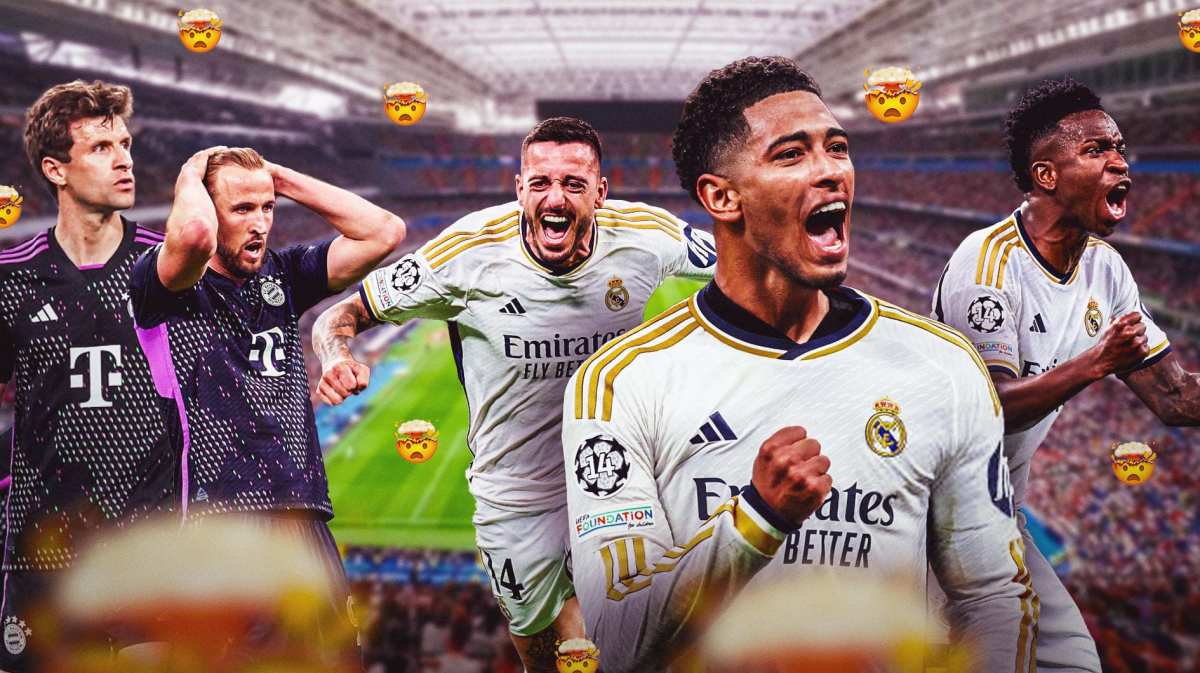 Photo: Joselu, Jude Bellingham, Vinicius Junior all celebrating in Real Madrid jerseys, Bernabeu in background, Harry Kane, Thomas Muller in Bayern jerseys in disbelief, brain exploding emojis all around