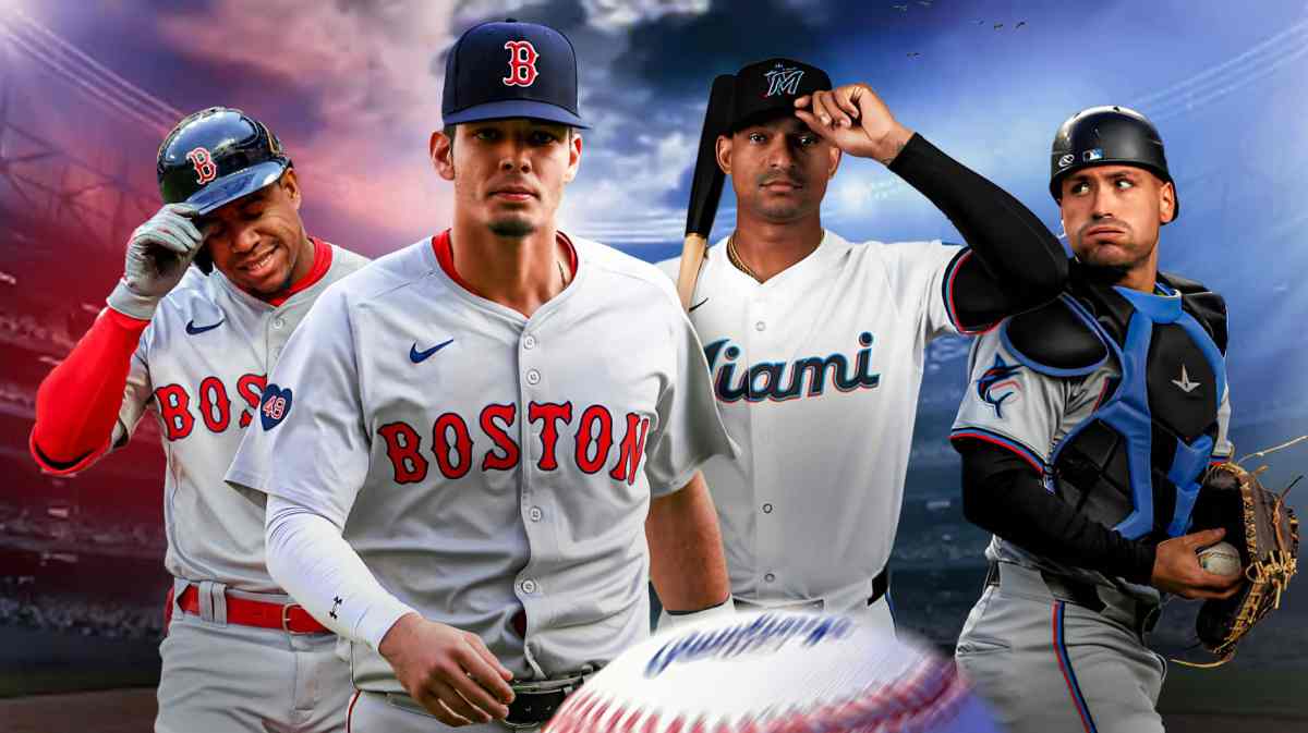 Red Sox Enmanuel Valdez and Vaughn Grissom next to Marlins Christian Bethancourt and Nick Fortes
