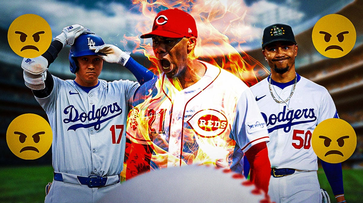 Hunter Greene on fire on one side, Shohei Ohtani and Mookie Betts on the other side with angry emojis around them