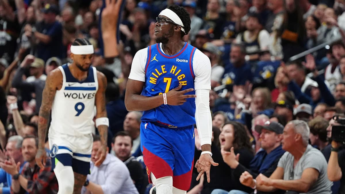 Denver Nuggets guard Reggie Jackson (7) celebrates his three-point basket in the second quarter against the Minnesota Timberwolves during game one of the second round for the 2024 NBA playoffs at Ball Arena.