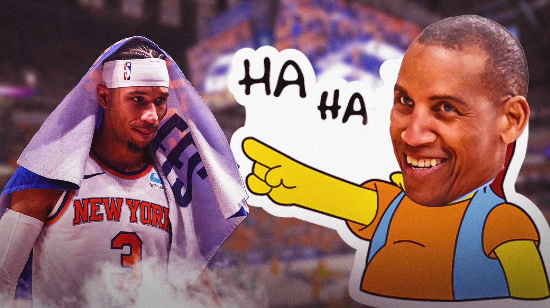 Reggie Miller as Nelson from the Simpsons laughing at Josh Hart