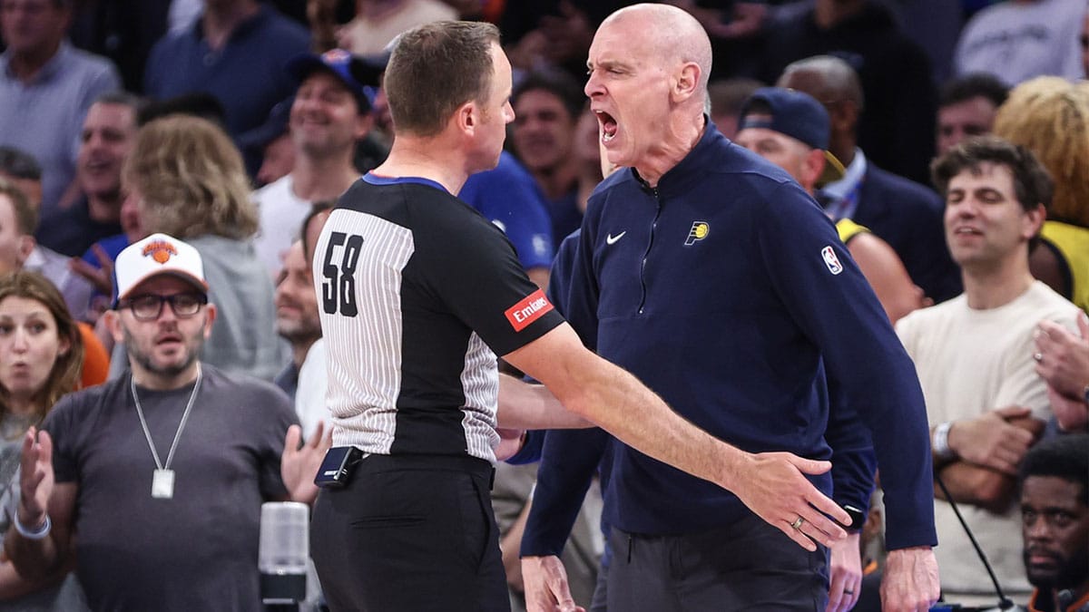 ndiana Pacers head coach Rick Carlisle argues with an official in the fourth quarter against the New York Knicks during game two of the second round for the 2024 NBA playoffs at Madison Square Garden.