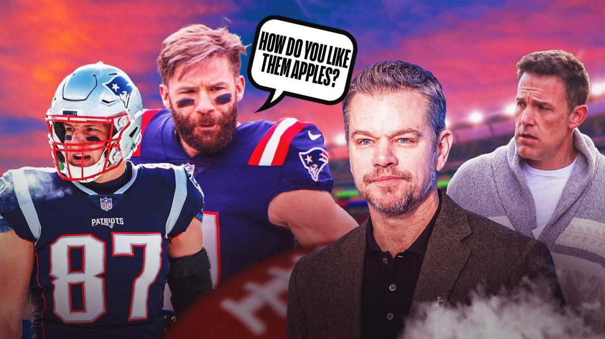 Julian Edelman, Rob Gronkowski, Ben Affleck and Matt Damon looking serious. Edelman with quote bubble saying, "How do you like them apples?"