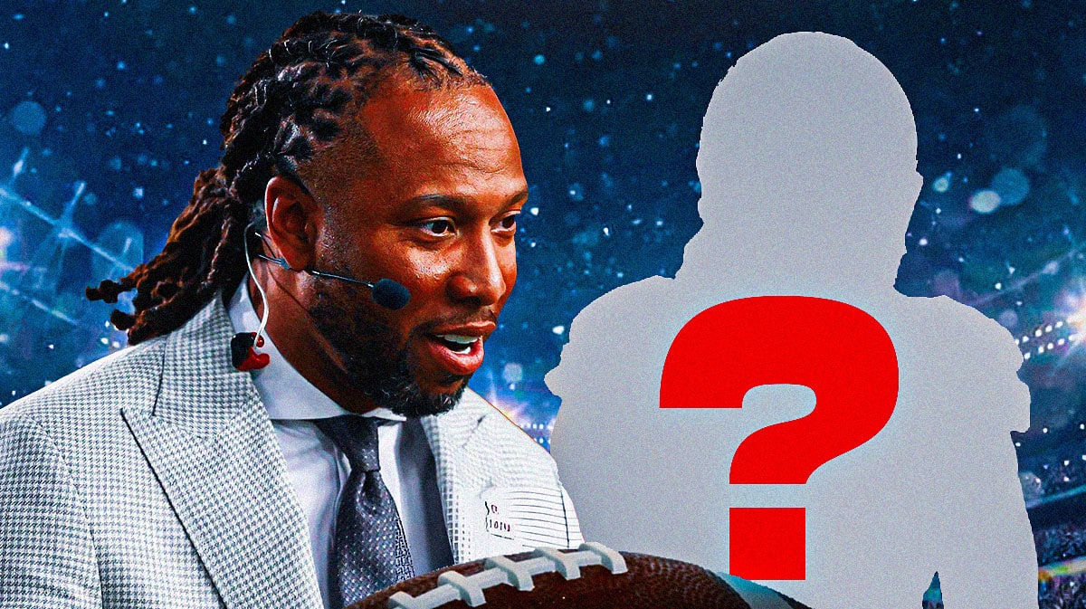 Chicago Bears wide receiver Rome Odunze next to former NFL wide receiver Larry Fitzgerald and a silhouette of an American football player with a giant question mark in the middle. There is also a logo for the Chicago Bears.